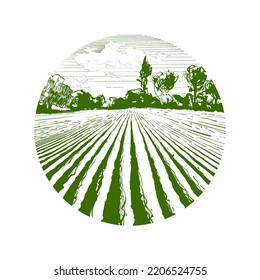 Farm field landscape. Circle round green landscape logo. Plowed furrows in preparation for crops planting. Rows of soil, rural countryside perspective horizon view. Vintage realistic engrav