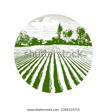 Farm field landscape. Circle round green landscape logo. Plowed furrows in preparation for crops planting. Rows of soil, rural countryside perspective horizon view. Vintage realistic engrav