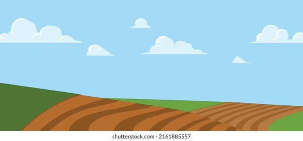 Farm field landscape, green hills with agricultural field - flat vector illustration. Sunny summer countryside landscape. Harvesting concept. Cartoon farmland with blue sky and clouds.