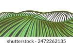 farm field landscape on small hills. Furrows pattern in a plowed prepared for crops planting. Rows of soil, rural countryside perspective horizon view. Vector  engraving sketch illustration.