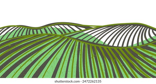 farm field landscape on small hills. Furrows pattern in a plowed prepared for crops planting. Rows of soil, rural countryside perspective horizon view. Vector  engraving sketch illustration.