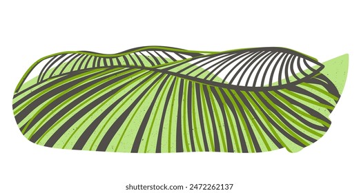 farm field landscape on small hills. Furrows pattern in a plowed prepared for crops planting. Rows of soil, rural countryside perspective horizon view. Vector  engraving sketch illustration.