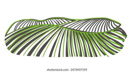 Farm field landscape on small hills. Furrows pattern in a plowed prepared for crops planting. Rows of soil, rural countryside perspective horizon view. Vector  engraving sketch illustration.