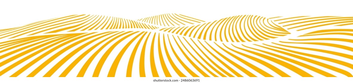 Farm field landscape on small hills. Furrows pattern in a plowed prepared for crops planting. Rows of soil, rural countryside perspective horizon view. Vector engraving sketch illustration.