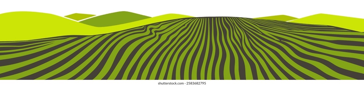 Farm field landscape on small hills. Furrows stripes pattern in a plowed prepared for crops planting. Rows of soil, rural countryside perspective horizon view. Vector engraving sketch illustration