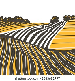 Farm field landscape on small hills. Furrows stripes pattern in a plowed prepared for crops planting. Rows of soil, rural countryside perspective horizon view. Vector engraving sketch illustration