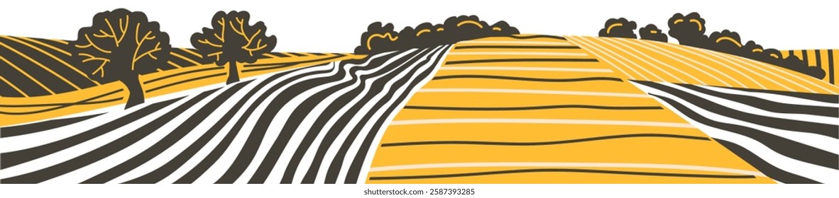 Farm field landscape on small hills. Furrows pattern in a plowed prepared for crops planting. Rows of soil, rural countryside perspective horizon view. Vector engraving sketch illustration.