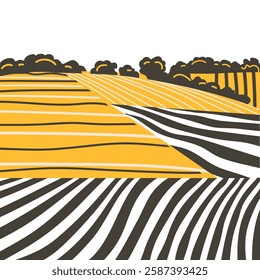 Farm field landscape on small hills. Furrows pattern in a plowed prepared for crops planting. Rows of soil, rural countryside perspective horizon view. Vector engraving sketch illustration.