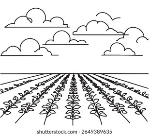 Paisagem agrícola em pequenas colinas. Furrows padrão em um arado preparado para o plantio de culturas. Linhas de solo, paisagem rural perspectiva horizonte. Ilustração de esboço de gravação de vetor