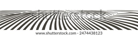 Farm field landscape on small hills. Furrows pattern in a plowed prepared for crops planting. Rows of soil, rural countryside perspective horizon view. Vector engraving sketch illustration.