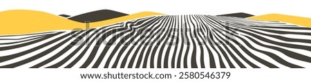 Farm field landscape on small hills. Furrows stripes pattern in a plowed prepared for crops planting. Rows of soil, rural countryside perspective horizon view. Vector engraving sketch illustration.