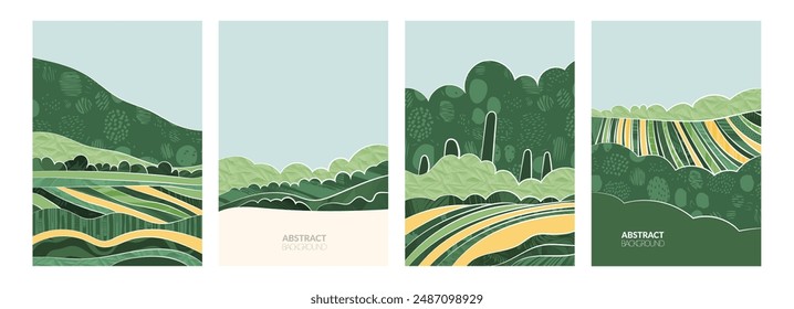 Farm field landscape with wheat, rice, corn, grape, tea, green grass. Rural vineyard, eco-friendly design. Abstract pattern, texture, collage. Nature, countryside backdrop. Art farmland illustration