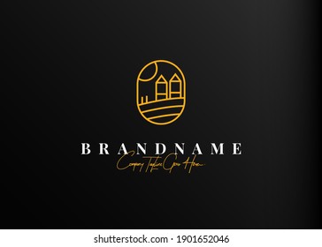 farm field logo design. Vector illustration of farm house with field. Modern vintage icon design template with line art style.