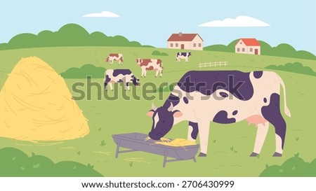 Farm field scene with cows. Summer rural nature