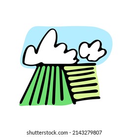 Farm field seasonal agricultural sketch vector icon. Ranch field, rural countryside. Harvest scarcity concept, industry problems symbol. Hand drawn bio illustration isolated on white.