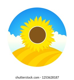 Farm field with Sunflower. Vector emblem round form of landscape with cartoon style with blue sky and sun flower.