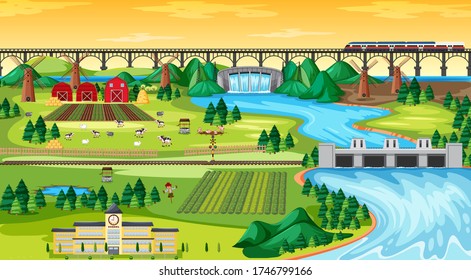 Farm field town and school and bridge sky train with dam side landscape scene cartoon style  illustration