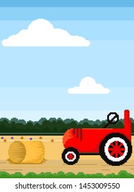 Farm, field, tractor, scenic view, pixel art illustration