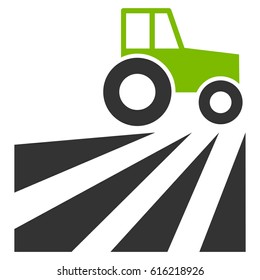 Farm Field With Tractor vector icon. Flat bicolor eco green and gray symbol. Pictogram is isolated on a white background. Designed for web and software interfaces.