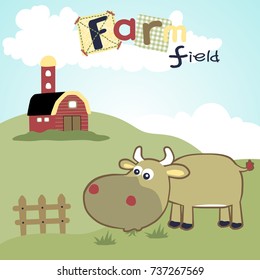 farm field vector cartoon with funny cow on blue sky background