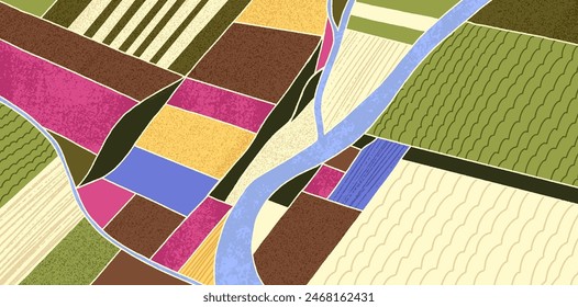 Farm fields, flower meadow pattern, mosaic texture, aerial view. Agriculture background with land, river. Country farmland, countryside plantation, multicolored patches. Flat vector illustration