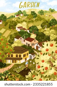 Farm fields and gardens, country houses, rural summer nature card. Agriculture plantations, pastures, organic green farmlands, grasslands at countryside, village postcard. Flat vector illustration