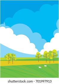 Farm fields with goats eating the grass. Trees and beautiful clouds on the pure sky background. Ecology Vector illustration.