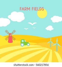 Farm fields landscape. Cartoon green field of sowing.