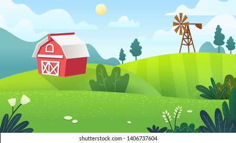 Farm fields in minimal and flat art work style, vector art and illustration.