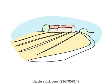 Bauernhof und Felder eine Linie Zeichnung farbig mit Pastellfarben, Vektorgrafik.