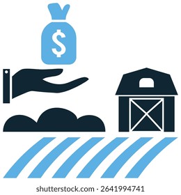 Farm financing icon vector representing money, loans, and investment in agriculture. Ideal for illustrating loans, grants, insurance, and economic support for farmers and rural businesses.