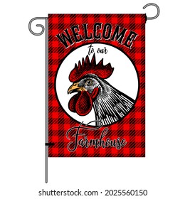 Farm flag with Poultry. Welcome to our farmhouse. Rooster head close up. Farm bird in Lumberjack plaid frame. Black, white and red. Vector illustration. Vintage graphics.