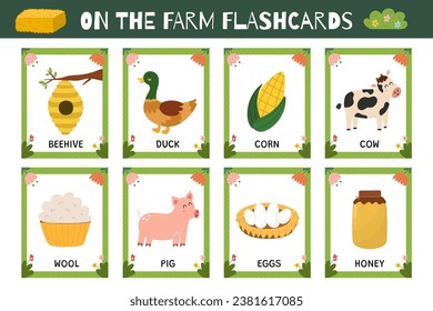 Farm flashcards collection with cute characters. Flash cards set for practicing reading skills. Learn farm vocabulary for school and preschool. Vector illustration