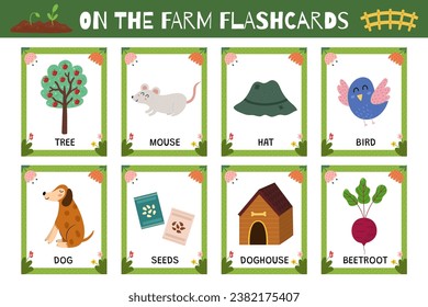 Farm flashcards collection with cute characters and other agriculture elements. Flash cards set for practicing reading skills. Learn farm vocabulary for school and preschool. Vector illustration