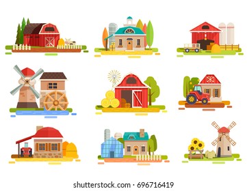 Farm flat collection with doodle style scenery images of mill facilities haymows warehouse and agrimotors vector illustration