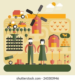 Farm flat concept with farmers animals windmill and field decorative icons vector illustration