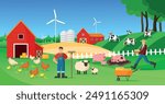 Farm flat design concept with farmers, sheep, windmill and other animals vector illustration.