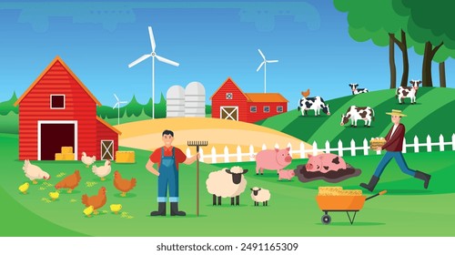 Farm flat design concept with farmers, sheep, windmill and other animals vector illustration.