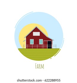 Farm flat icon in circle shape. Vector label or sticker design with farm landscape
