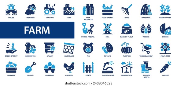 Farm flat icons set. Farming, agriculture, gardening, agronomy, animal icons and more signs. Flat icon collection.