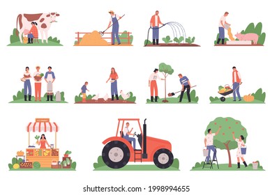 Farm flat icons set with people milking cow gathering harvest feeding animals driving tractor selling vegetables at market isolated vector illustration