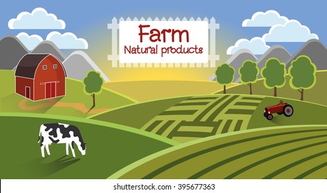 Farm flat landscape. In the foreground the cow is grazed, in the distance a tractor for harvesting, a barn, fields. On a background of the mountain, a cloud and a sunlight. Farm background. Vector.