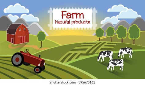 Farm flat landscape. In the foreground a tractor for harvesting, in the distance the cows is grazing, barn, fields. On a background of the mountain, cloud, a sunlight. Text is posted on a wooden fence