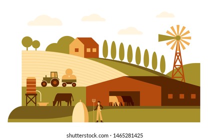 Farm flat vector illustration. Agriculture business color cartoon minimal drawing. Farmland fields, cattle in barn, tractor industrial machinery. Village, rural landscape. Farmer, windmill on horizon