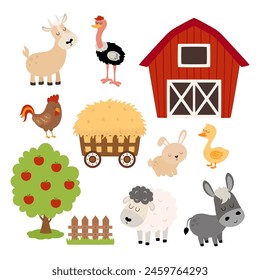 farm flat vector illustration, cartoon set with animals, tree and building isolated on white