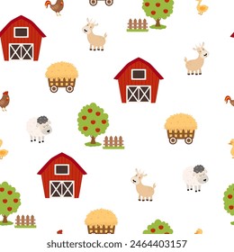 farm flat vector illustration, cartoon seamless pattern with animals, tree and building isolated on white