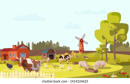 Farm flat vector illustration. Summer farm landscape with mill, cattle, poultry. Cows, pigs, chicken, turkeys graze. Rural scenery with barn, trees, flowers. Farming, agricultural work