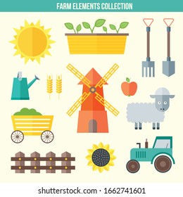 Farm flat vector set. Isolated farm elements on white background.