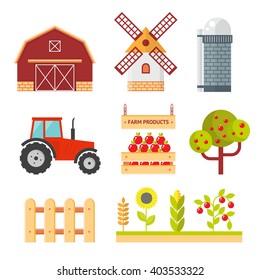 Farm Flat Vector Set. Isolated Farm Elements On White Background.  Agriculture Farm House And Tractor. Farm Food, Farm Object