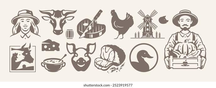 Agricultura de alimentos de granja producción de carne y verduras aislado icono retro conjunto Vector ilustración plana. Granjeros hombre y mujer retrato ganado bistec queso aves de corral aves de corral animal doméstico molino de ganado